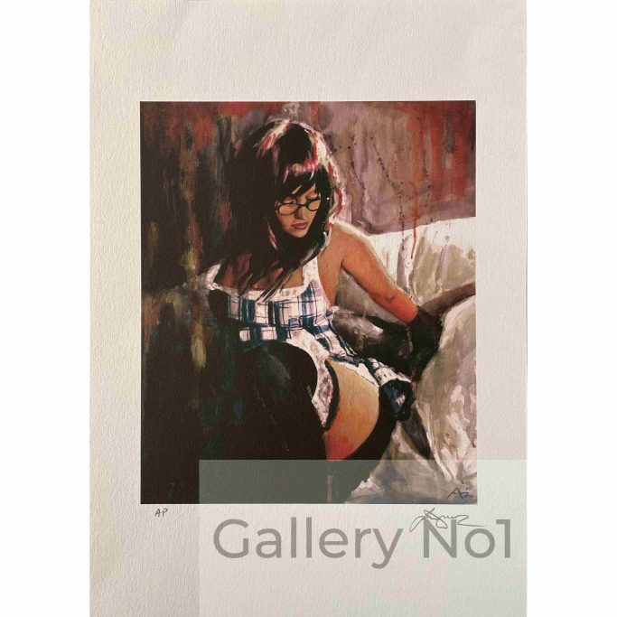 Look for an art print of a woman in stockings by Lee Jones