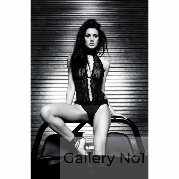 Find photograph of scantily clad female sitting on a classic car